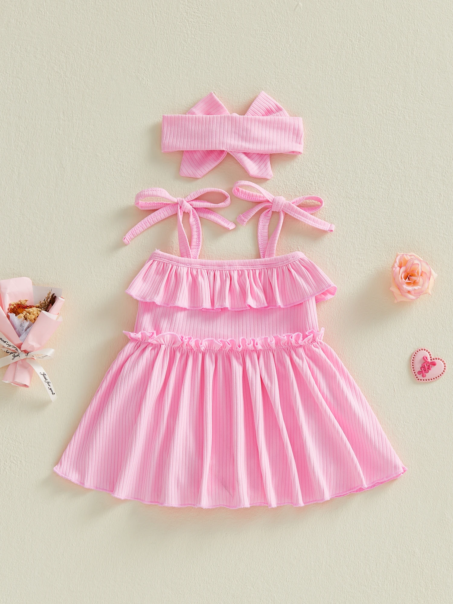 Adorable Baby Girl Pink Floral Print Sleeveless Romper Dress with Matching Bow Headband Set for Summer Fun