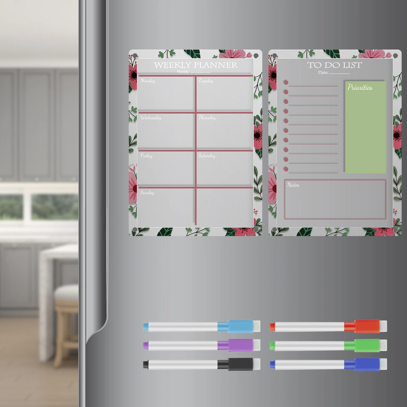 

2Pcs Acrylic Magnetic Calendar Clear Dry Erase Board Reusable Weekly Memo Calendar with 6 Markers Portable Fridge Planner Board