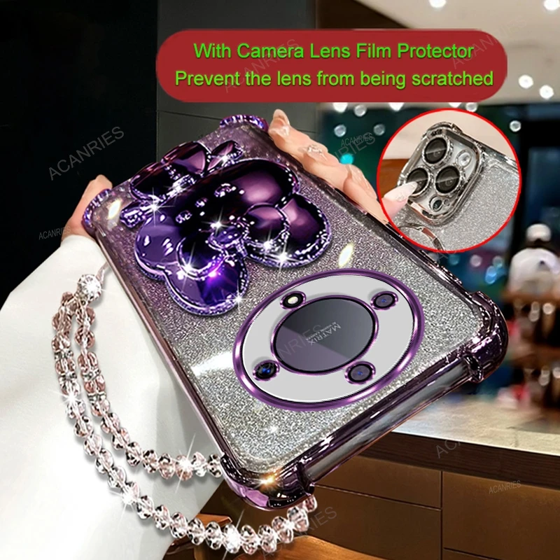 Plating Anti-Fall Silicone Case with Mirror Rabbit Stand and Clear Bead Chain