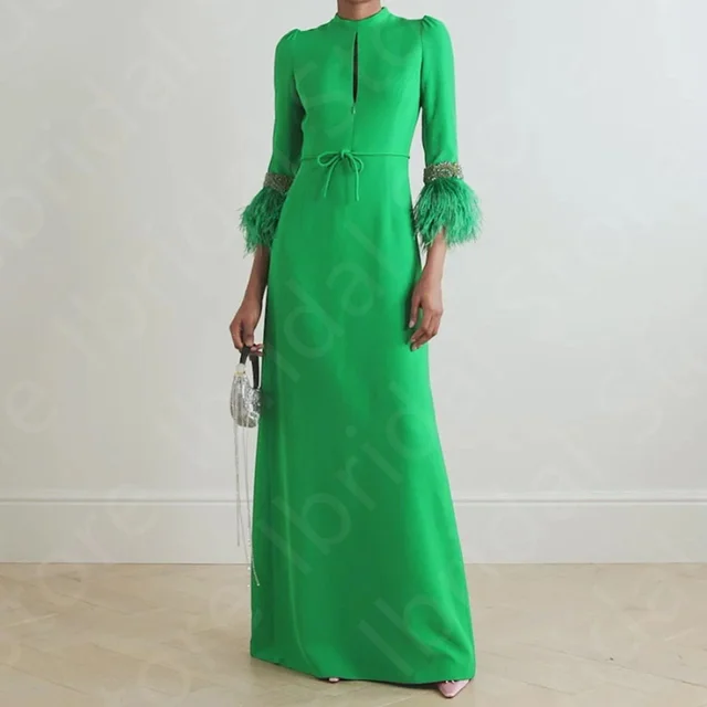 Customized Vintage Green Evening Dresses Arabic 2025 Prom Gowns Feathers 3/4 Sleeves Wedding Guest Dresses High Neck Beaded 1