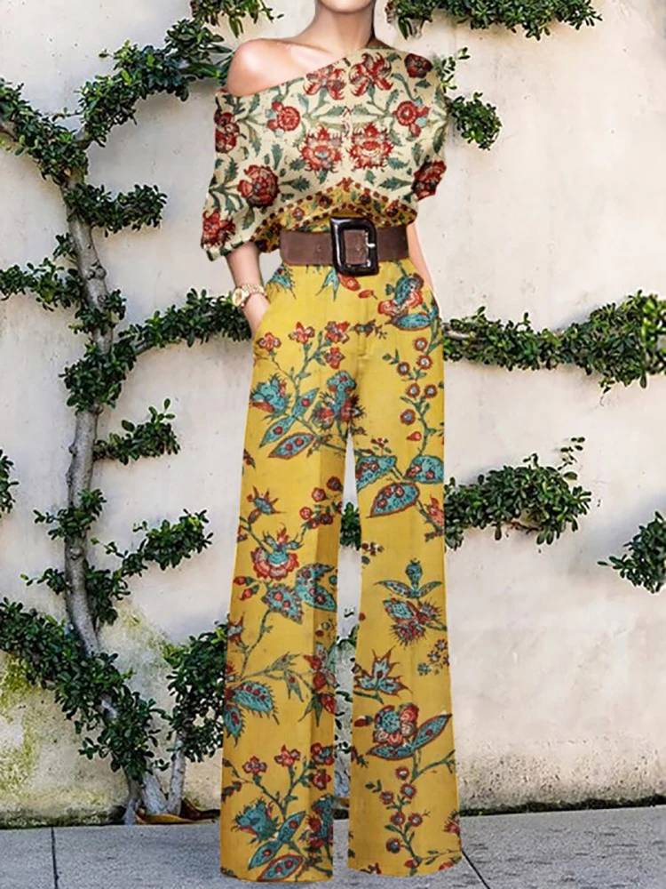 2022 Summer Elegant Pattern Print Party Jumpsuit Lady Sexy Off Shoulder Romper Women New Fashion Wide Leg Pant Playsuit Overalls