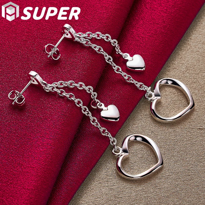 

925 Sterling Silver Solid Double Heart Drop Earrings For Woman Wedding Engagement Fashion Jewelry