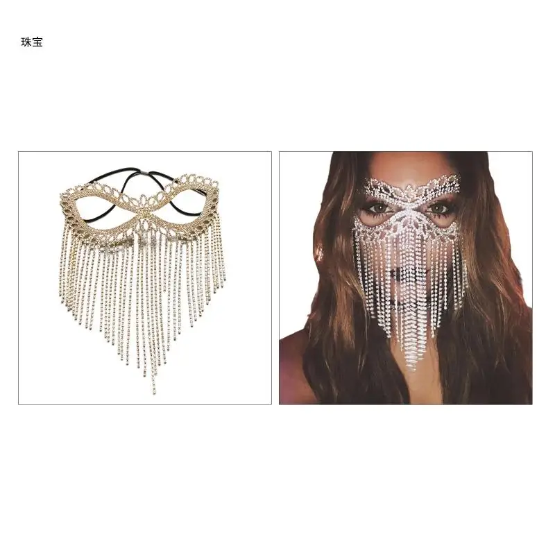 

X5QE Crystal Mask Chain Rhinestones for Cat Eye Mask Novelty Bridal Hair Jewe