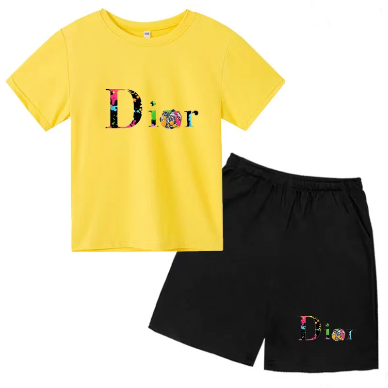 Kids Clothing Set Kids T Shirt Kids Sports Suit Children Sports Suit Kids Summer Monogram Print Top Boys Girls 3-12 Years Old Top + Shorts 2P Casual