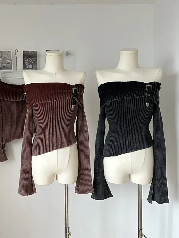 

Осень 2024, классический вязаный свитер, пуловеры с воротником-лодочкой, открытыми плечами и длинными рукавами, пуловеры с расклешенными рукавами, уличная одежда Y2K на осень и зиму