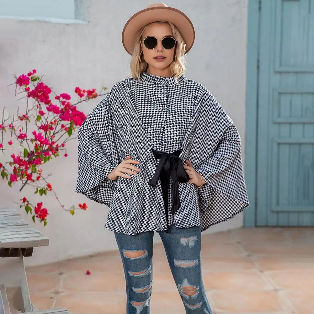 

Women Loose Fit Cape Houndstooth Lace-up Cape Stylish Women's Winter Poncho Women Black White Coat
