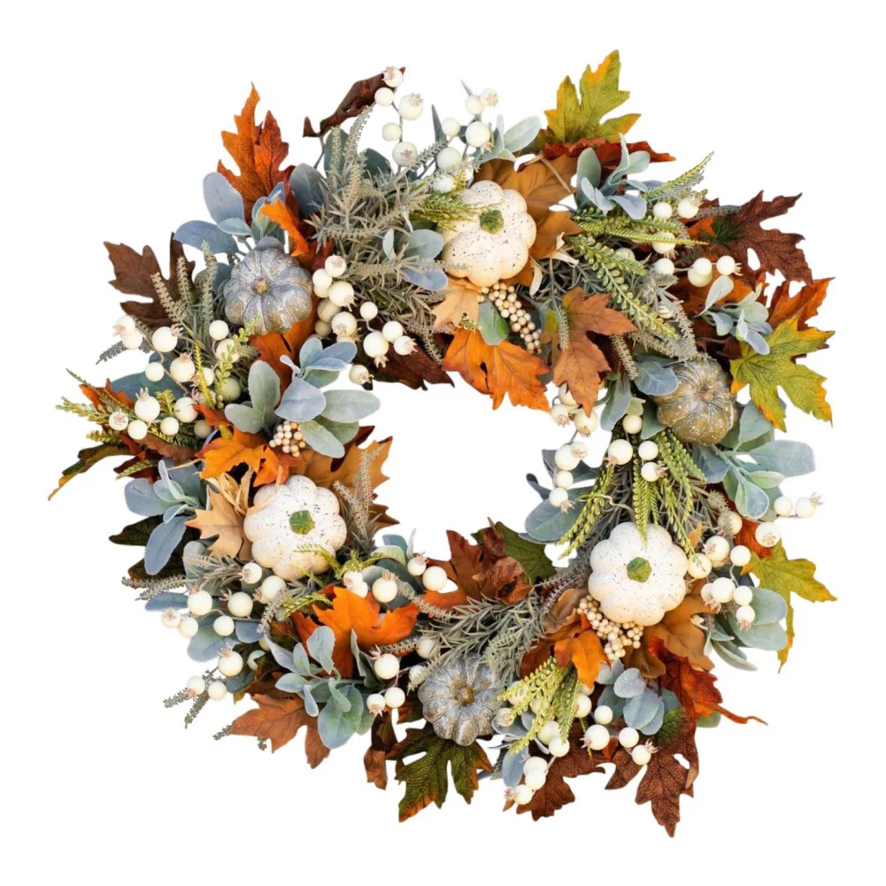 Ayprnig Autumn Wreath Halloween Wreath Fall Door Wreath 45cm Autumn Maple Pumpkin Wreath Berries Twigs Thanksgiving Decor Door Fall Wreaths Front Doo