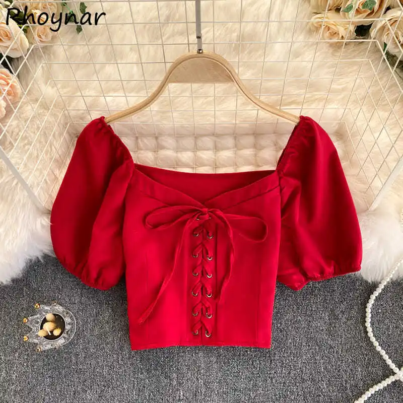 

Vintage Shirts Women Bandage Design Young Fashion European Style Puff Sleeve Slim Cropped V-neck Sexy Classic Solid Summer Chic