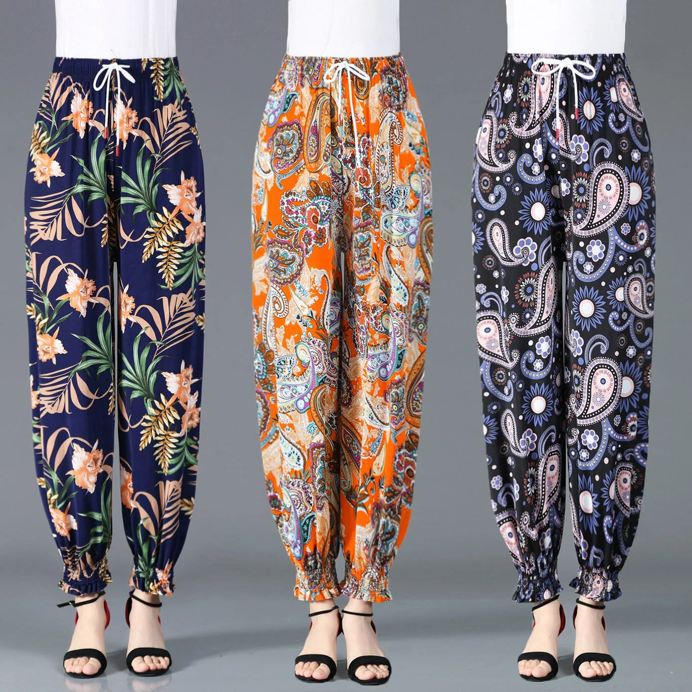 2023 Summer Middle-aged And Elderly Women's Cropped Pants Casual High Waist Printed Harem Trousers Female Bottoms