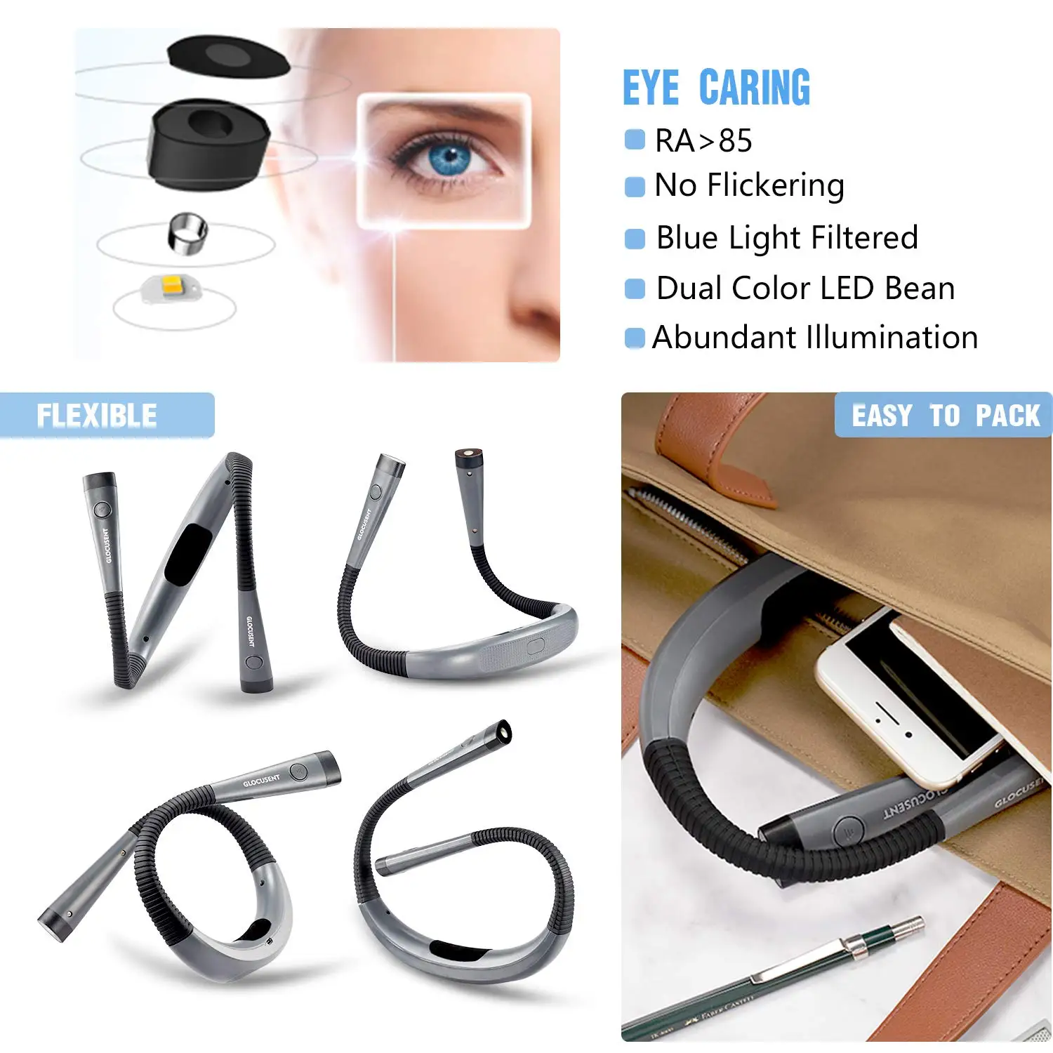 Glocusent Book Light 3-Color&6-Brightness Reading Bendable Neck Rechargeable for Reading in Bed