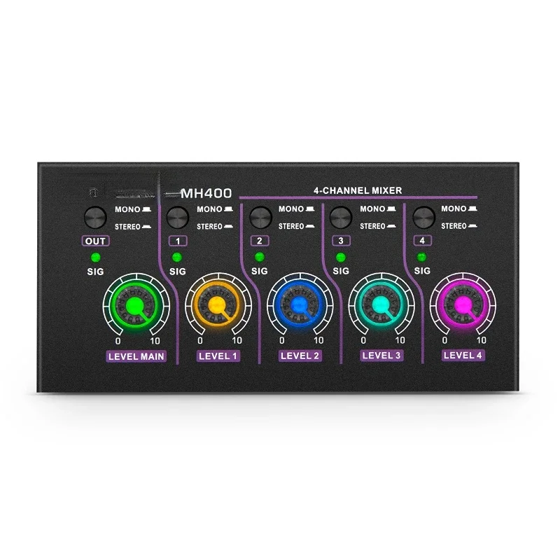 

MH400 mini Stereo Ultra Low Noise 4 Channel Line Audio Mixer for Small Clubs or Bars, Mic, Guitar, Bass, Keyboard or Stage