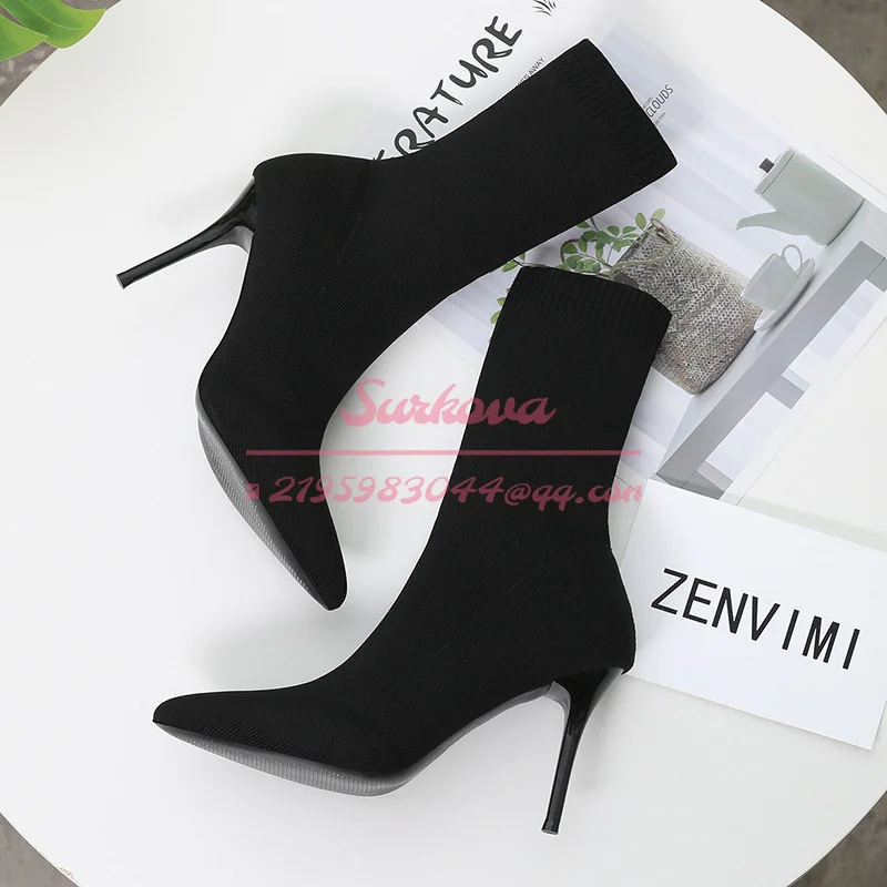 Europe America Autumn Winter Socks Knitted Elastic Cloth Women's Boots Thin Heel Women's High Heel Single Shoes Pointed Boots