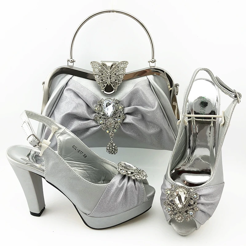 Conjunto de zapatos y bolsos a juego para mujer, de oficina y bolso, zapatos de estilo para fiesta con cristal brillante plateado|Zapatos de tacón de mujer| - AliExpress
