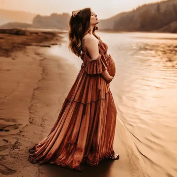  Bohemian Photo Shooting Pregnancy Dress Comfortable Soft Linen-Cotton Set For Pregnant Women Photos Maternity Two-Piece Dress 1