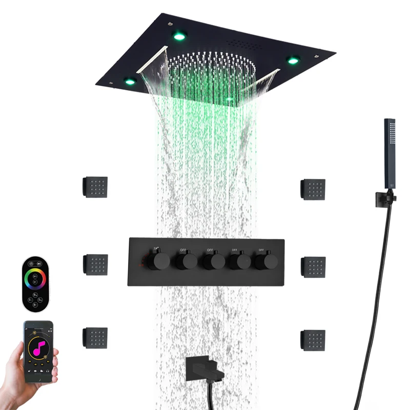 

Thermostatic Waterfall Rain Bath & Shower Sets Ceiling 16 Inch LED Head Shower with Music Speaker Matte Black