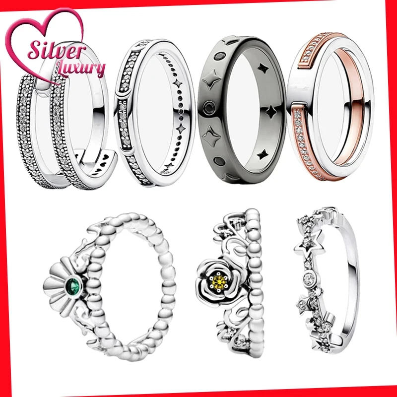 2023 Summer New 100% 925 Sterling Silver Fashion Crown Flower Star Drop Gel Zircon Women's Gift Ring