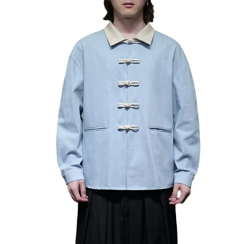 Autumn Winter Men's Denim Jacket Button up Collar Retro Chinese Style Coat Casual Western Suit for Men Origin China