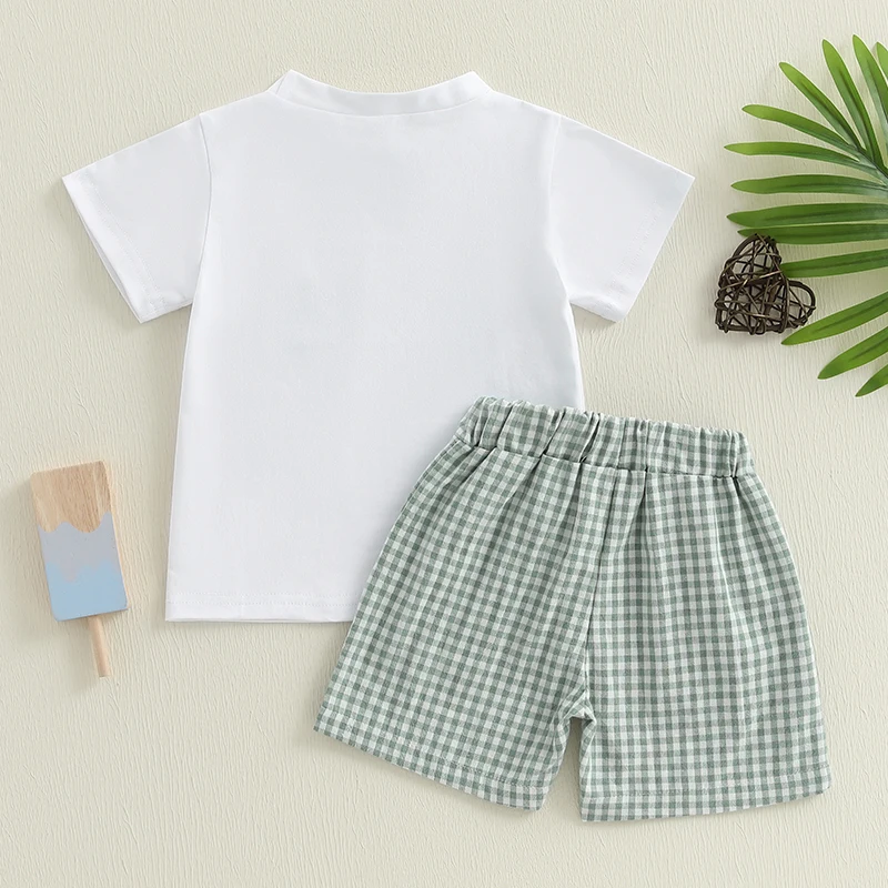 Toddler Baby Boy Summer Outfit Dinosaur Pattern Crew Neck Short Sleeve T-Shirt with Plaid Shorts 2 Pcs Kid Boys Clothes Set