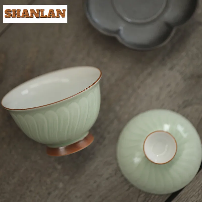 130ml Boutique Pink Green Porcelain Gaiwan Chrysanthemum Petal Tea Tureen Household Tea Maker Cover Bowl Items Decoration