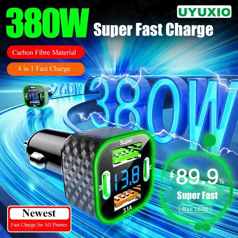 UYUXIO Dual USB C Car Charger with Voltage Display 4 in 1 for iPhone Samsung Xiaomi Oppo Vivo Huawei charger adapter fast charger battery charger adapter power supply adapter