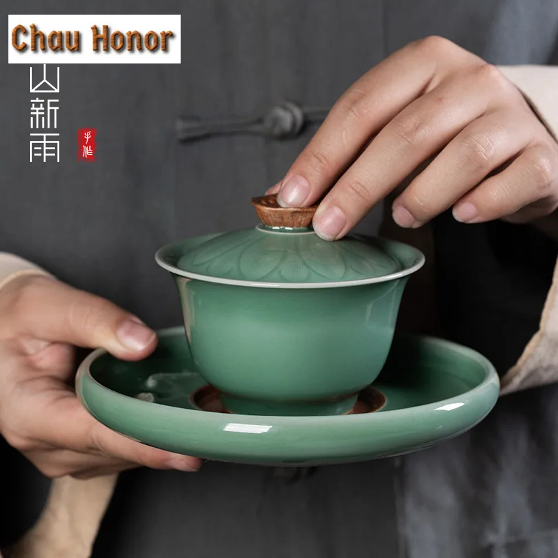 180ml Handmade Celadon Lotus Pond Gaiwan Ancient Tea Tureen Tea Bowl With Lid Kit Tea Making Cover Bowl Tableware Ornaments Gift