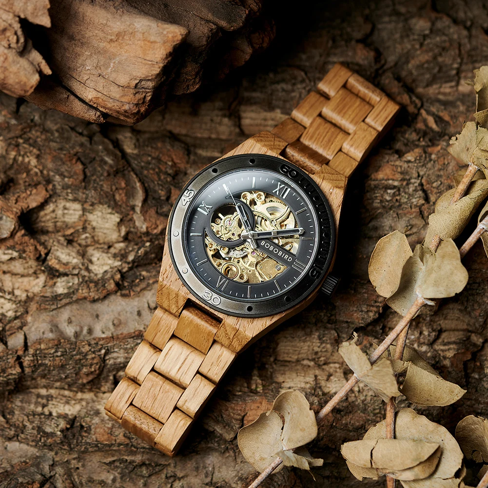 BOBO BIRD-Montre-bracelet en bois pour homme, montre mécanique automatique évidée, cadeau parfait pour la fête des pères, boîte en bois, nouvelle mode, 2023