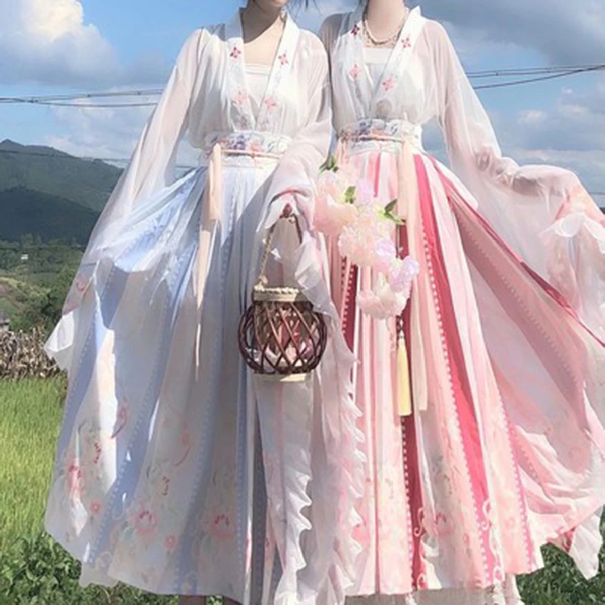 Original Chinese Hanfu Suit Princess Dress Women Fairy Folk Costume Clothes Female Wei Jin Spring Autumn Friend Pink