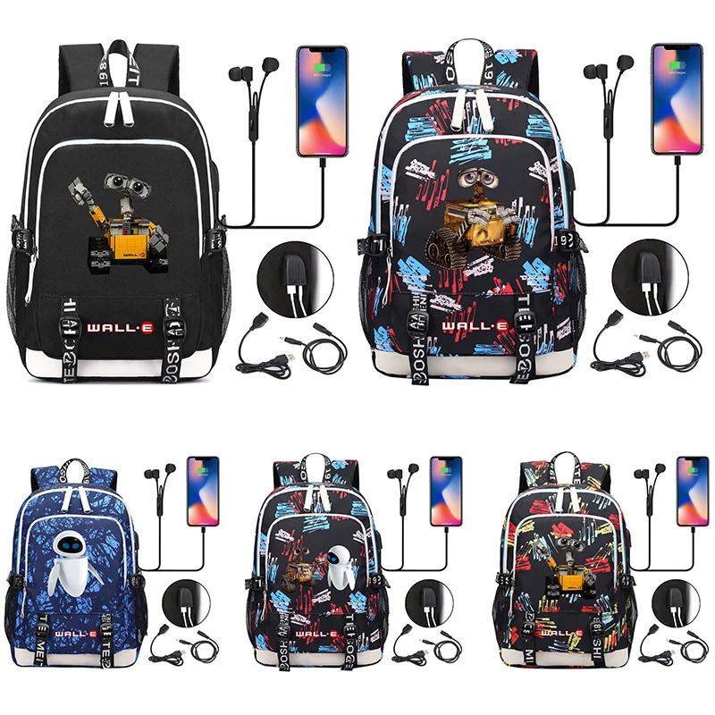 

Wall-E Robot Multifunction Laptop Backpacks Student USB Charging Backpack Famale Colorful Print Rucksack Travel Bag Mochila