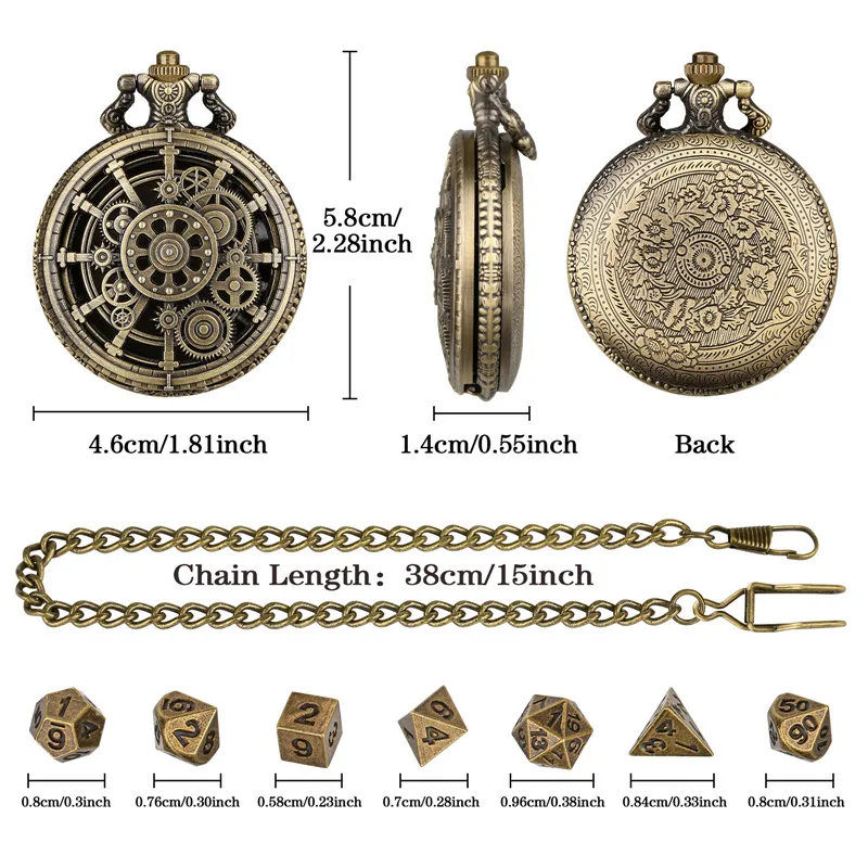 Bronze Hollow Gear Taschenuhrengehäuse mit FOB-Kette, 7-teiliges polyedrisches Würfelset aus Metall, Rollenspiel-Brettspiele-Zubehör – Detail 1