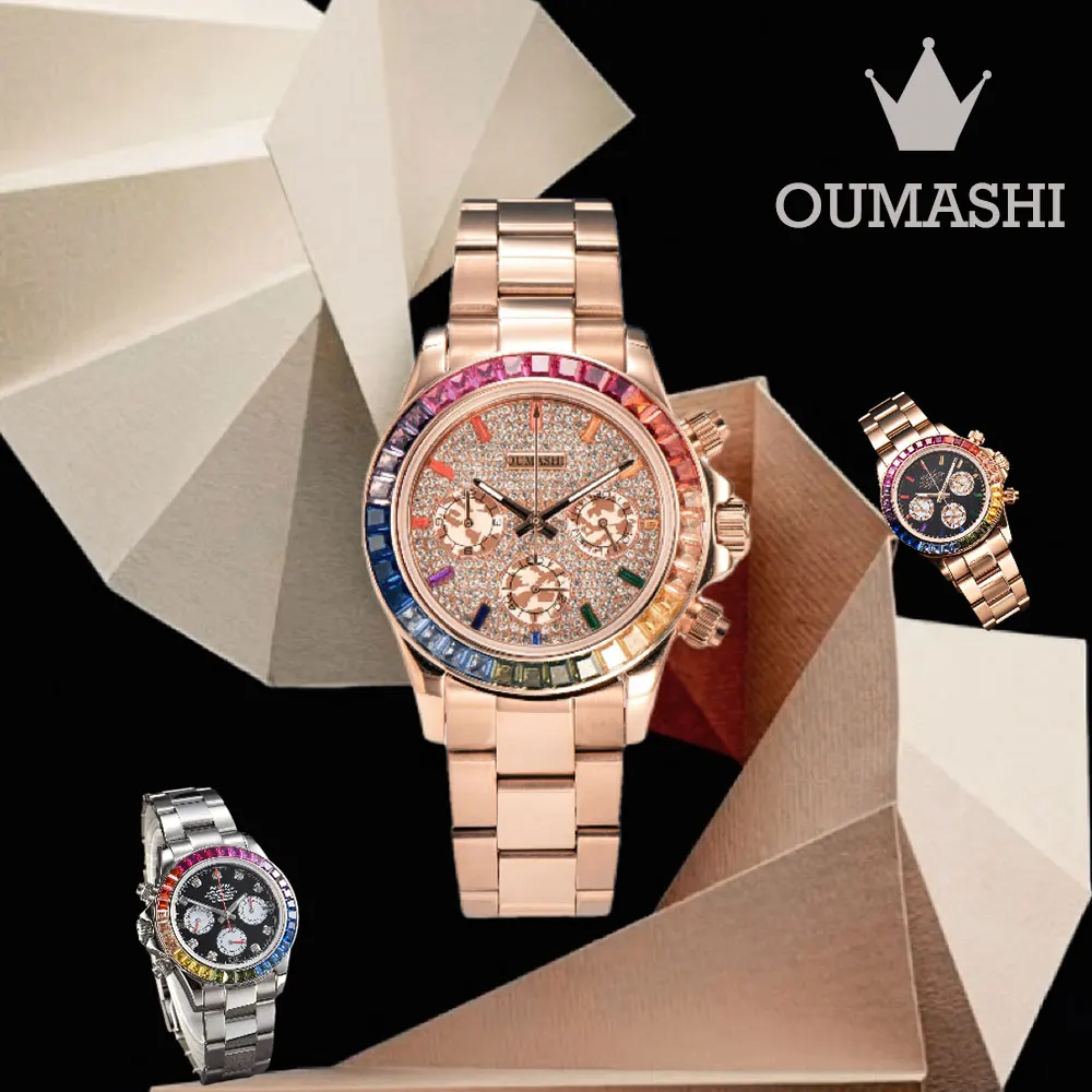 NEW VK63 Color Diamond Gem Watch OUMASHI-DTN Men's Sports Panda Dial Quartz Watch Sapphire Glass 316L Stainless Steel Case Watch