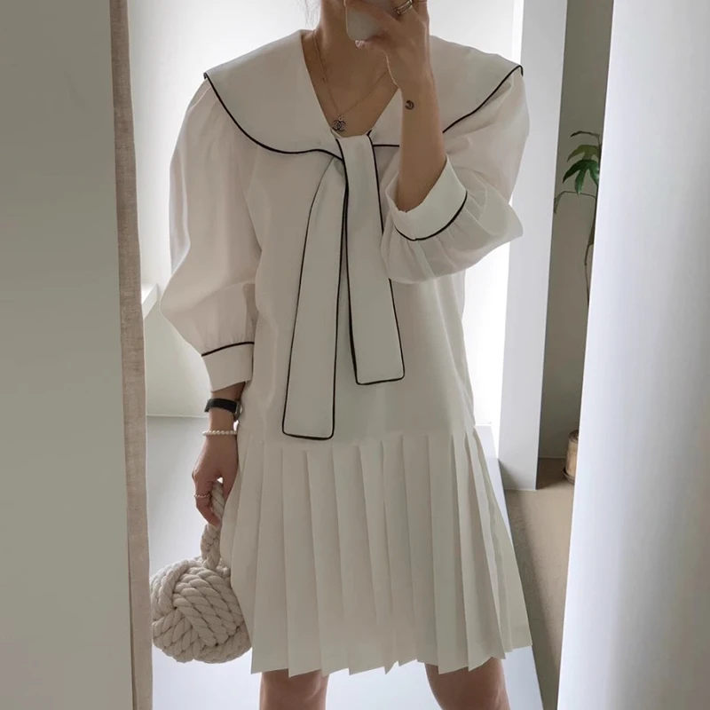 

Sweet Ruffles Patchwork Pleated Dress Women Long Sleeve Loose Casual Lace Up Sailor Collar Dresses Female Korean Chic Vestidos