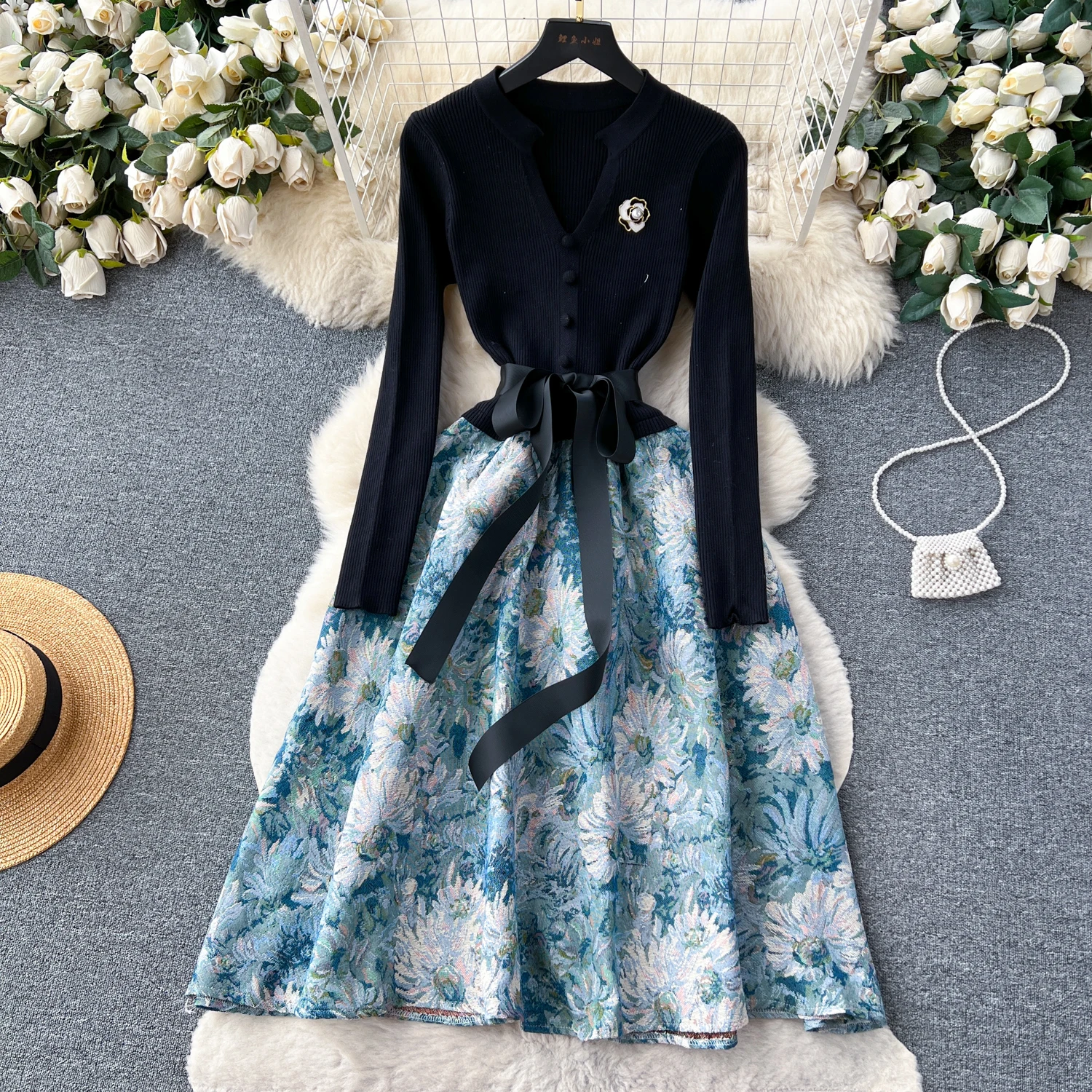 

Retro Elegant Lace Up Jacquard Patchwork Knit Dress A-line Long Sleeve Casual High Waist Dress Women Ceremonial Dress