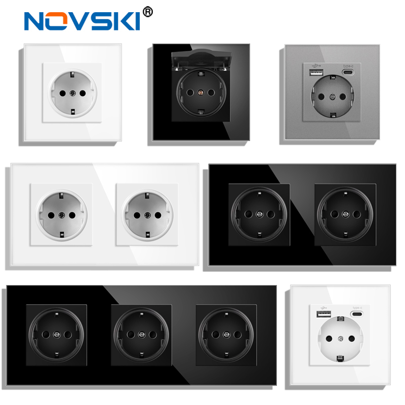 Novski EU European Standard Wall Socket Russia Germany Spain, Black White Grey Crystal Glass Panel, 250V 16A, Glass Wall Socket