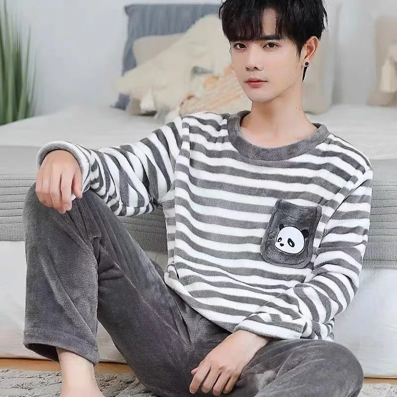 Flannel Pajamas Set Men Korean Striped Padded Long-Sleeved Cartoon Nightwear Homewear Sleepwear Loungewear