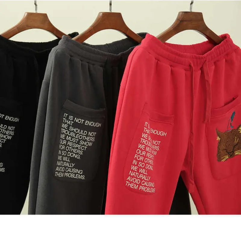 Autumn Winter Women's Solid Pockets with Elastic Waist Drawstring Letters Printed Cartoon Flocked Harlan Trousers Casual Pants