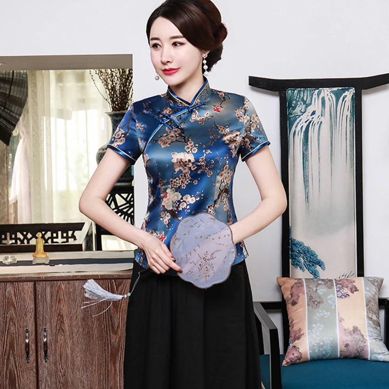 Women Chinese Shirt 3XL-5XL Short Sleeve Cotton Mandarin Collar Print Flower