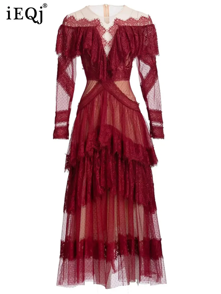 IEQJ Fashion Autumn Winter Evening Dress Women O-Neck Long Sleeves Single-breasted Zipper Cotton Tweed Umbrella Dresses New main image 0