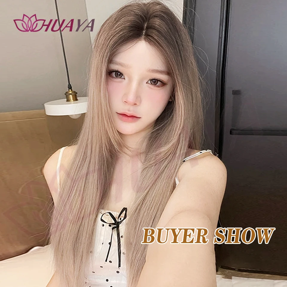 26inch Gray Brown Synthetic Wigs Middle-part Bangs front Lace Long Daily Straight Cosplay Party Wigs for Women Natural Hair