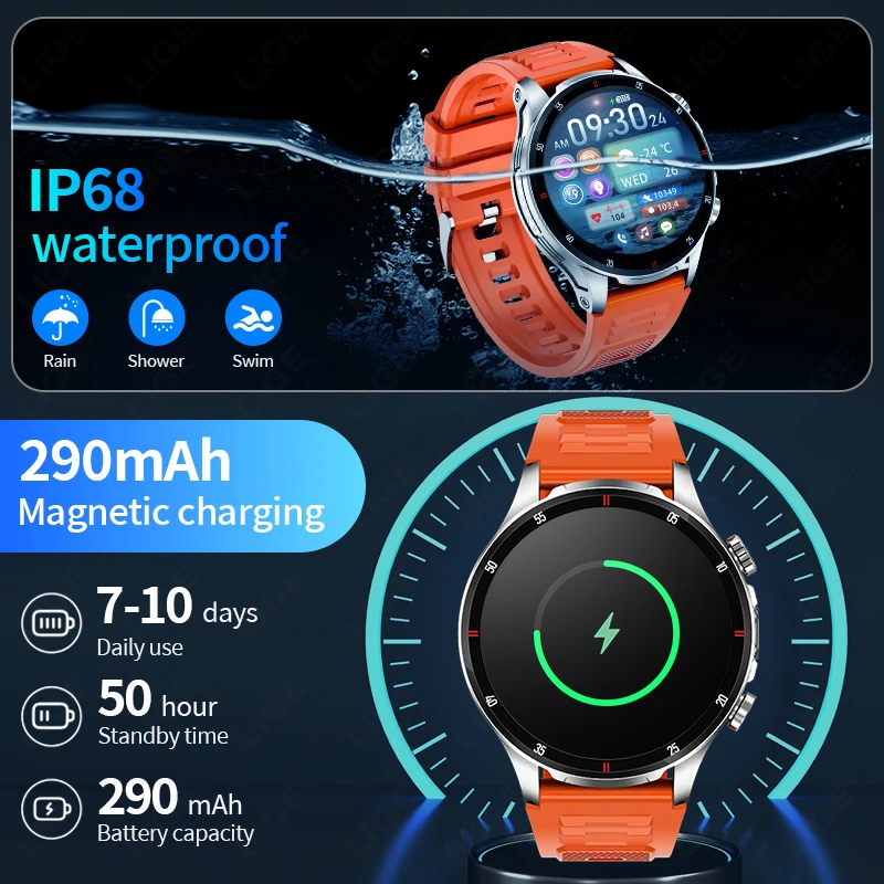 LIGE New Men's Voice Calling Smart Watch Outdoor LED Flashlight 100+ Sport Fitness IP68 Smart Watch Health Monitoring Wristwatch