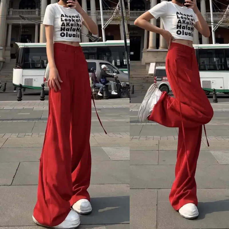 2023 Women Korean Ribbon Casual Streetwear Harajuku Y2K Wide Leg Suit Pants Female Solid Straight Trousers High Waist Pantalones
