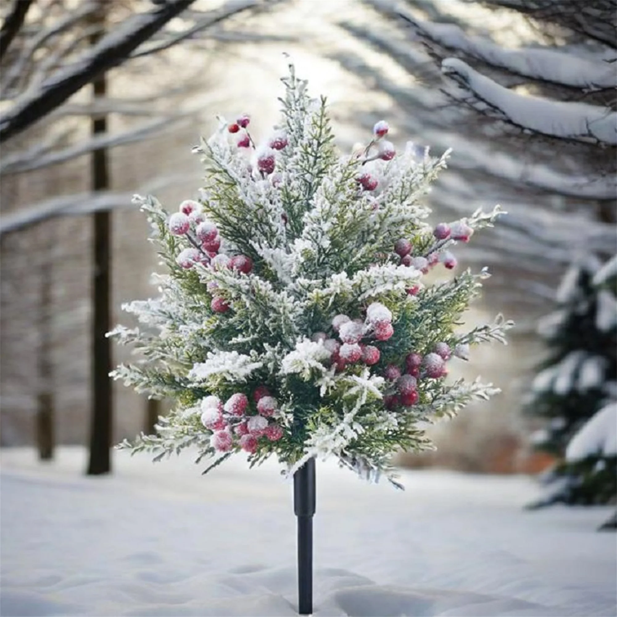 Snowy Artificial Pine Tree Topiary with Ground Spike for Winter Garden Decoration - Faux Greenery Plant for Christmas Festive