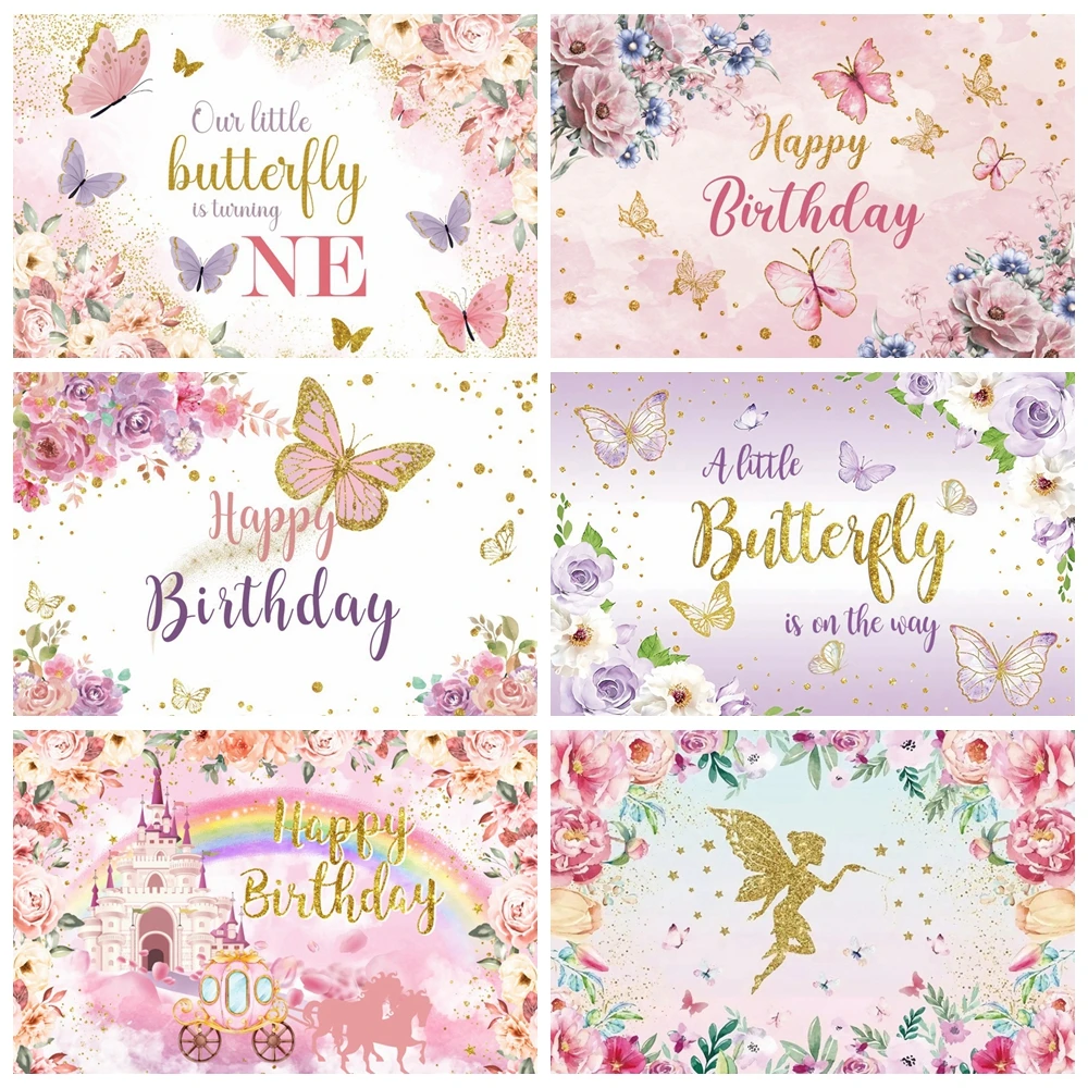 

Flower Butterfly Background for Photography Girls 1st Birthday Party Castle Baby Shower Rainbow Custom Backdrop Photo Studio