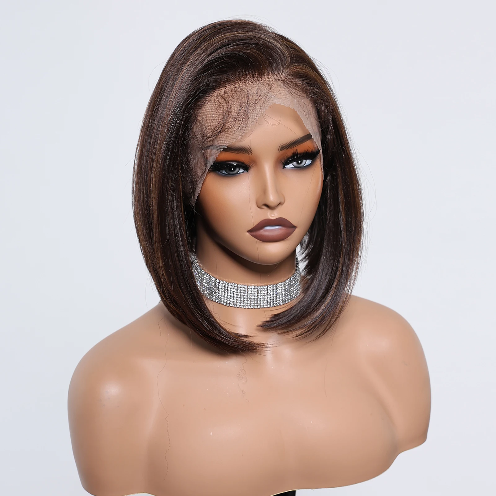 Short Brown 13*6 HD Lace Front Wig With Baby Hair Highlight Brown Golden Straight Bob Lace Front Synthetic Wig For Women Daily