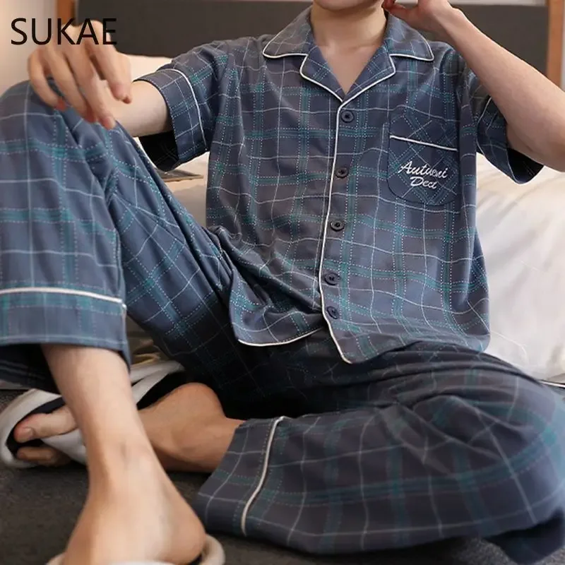 SUKAE Gentleman Sleepwear Summer Autumn New Cotton Turn-down Collar Mens Pajamas Set Leisure Plaid Casual Loungwear Pijamas