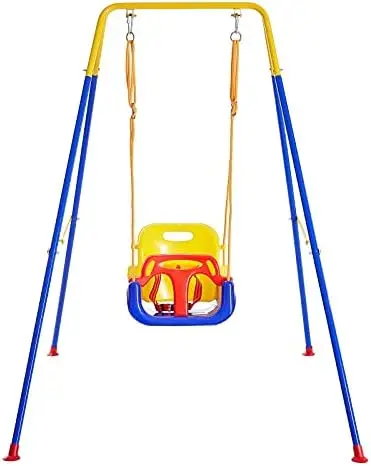 

3-in-1 Toddler Swing Set with 4 Sandbags, Indoor/Outdoor Baby Swing with Foldable Metal Stand, Kids Swing Set for Backyard, Clea