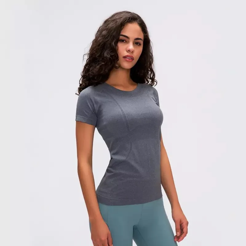 

2024 Women's Sports Gym Yoga Sweatshirt Women's Elastic Fitness Shirt Short sleeved Seamless Fitness Running Top