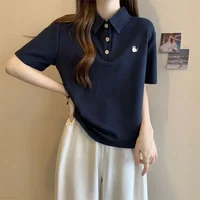 Baggy Polo Neck T Shirt for Women Short Sleeve Woman Tshirt Fashion Women's Clothing 2025 Trending Goth Korean Elegant Sale Tee