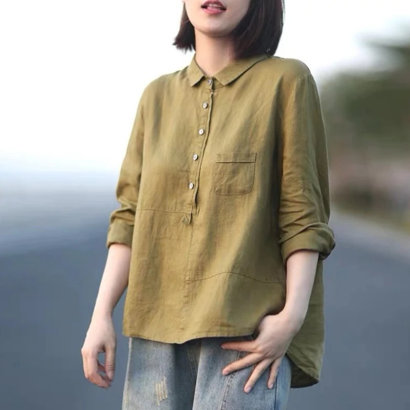 

Spring Autumn Tops Women's Literature Art Simple Solid Color Lapel Long Sleeve Shirt Casual Linen Loose Pullover Chic Blouses