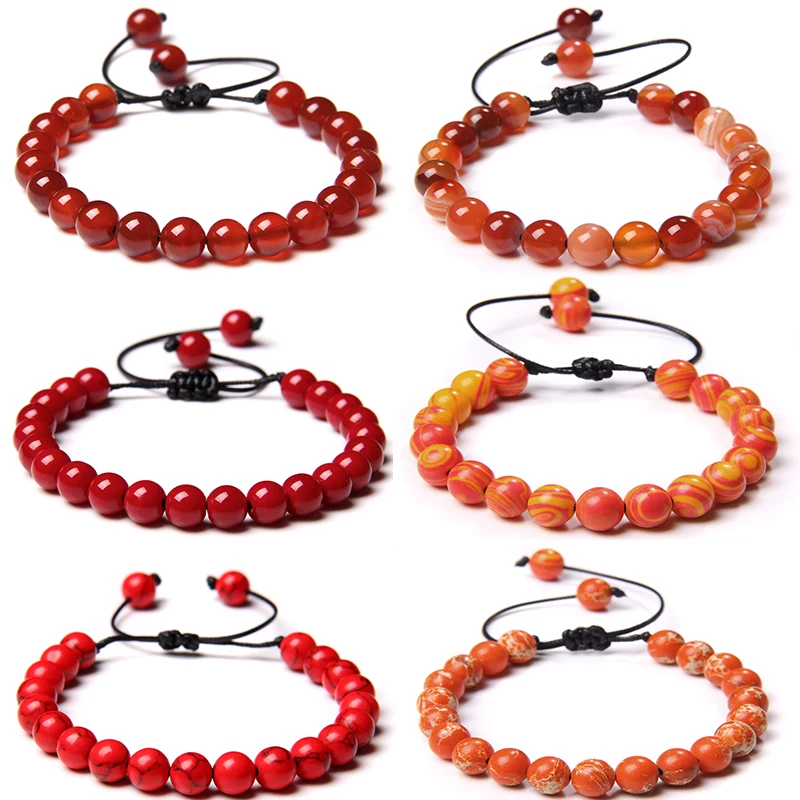 

Red Orange Stone Bracelet 8mm Natural Agat Watermelon Beaded Bracelets Adjustable Yoga Lucky Bracelet for Women Female Jewelry