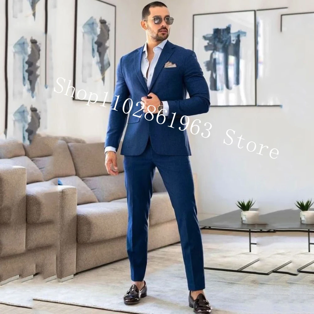 Blue Formal Wedding Suits For Men 2 Pieces Slim Fit Suits Blazer Pants Male Suits Groom Wear Tuxedos Costume Homme Mariage